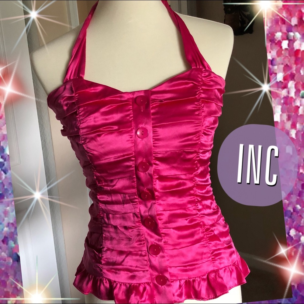 INC International Magenta Silk Ruffled Halter Top
